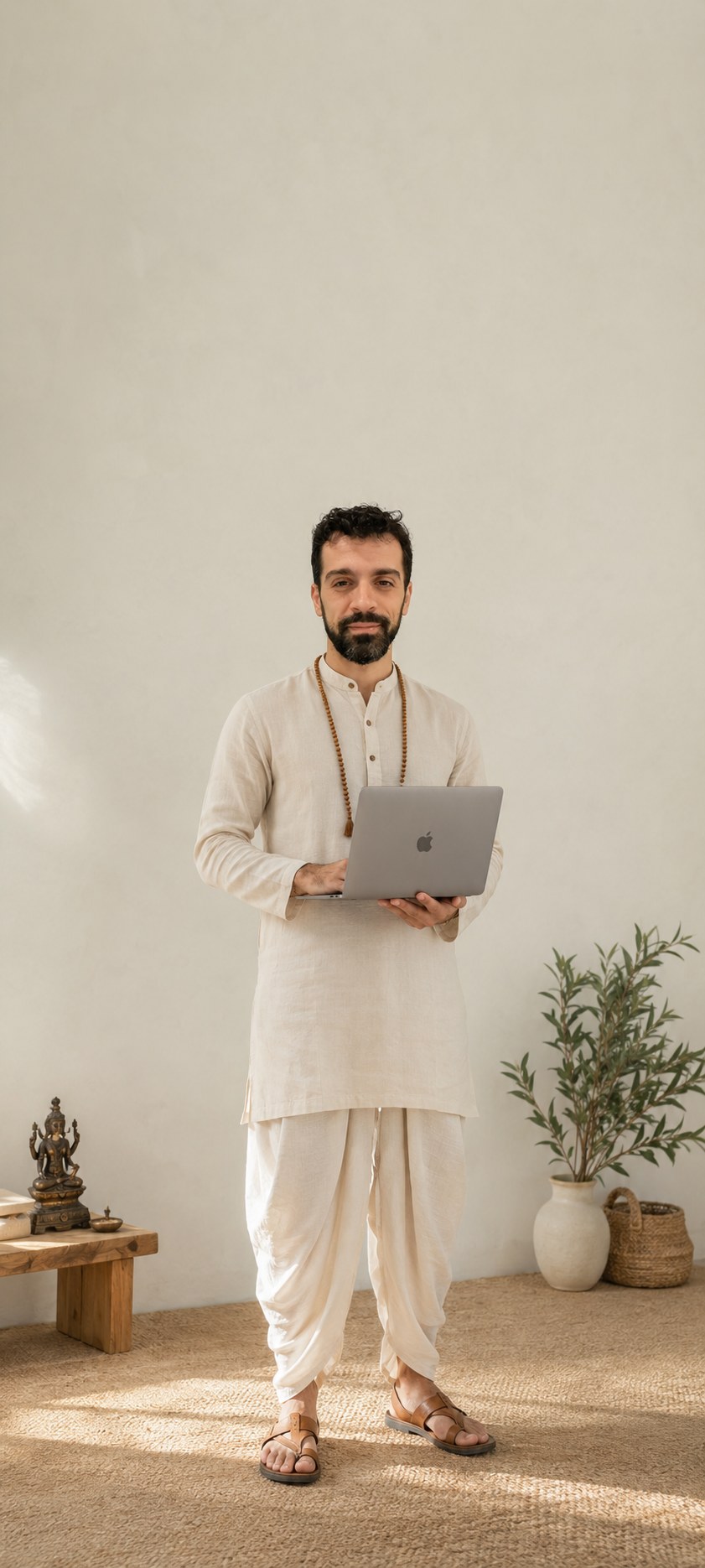 Professor de yoga em pé, com um notebook nas mãos
