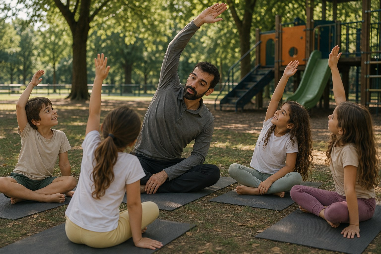Aula de yoga com crianças no parque
