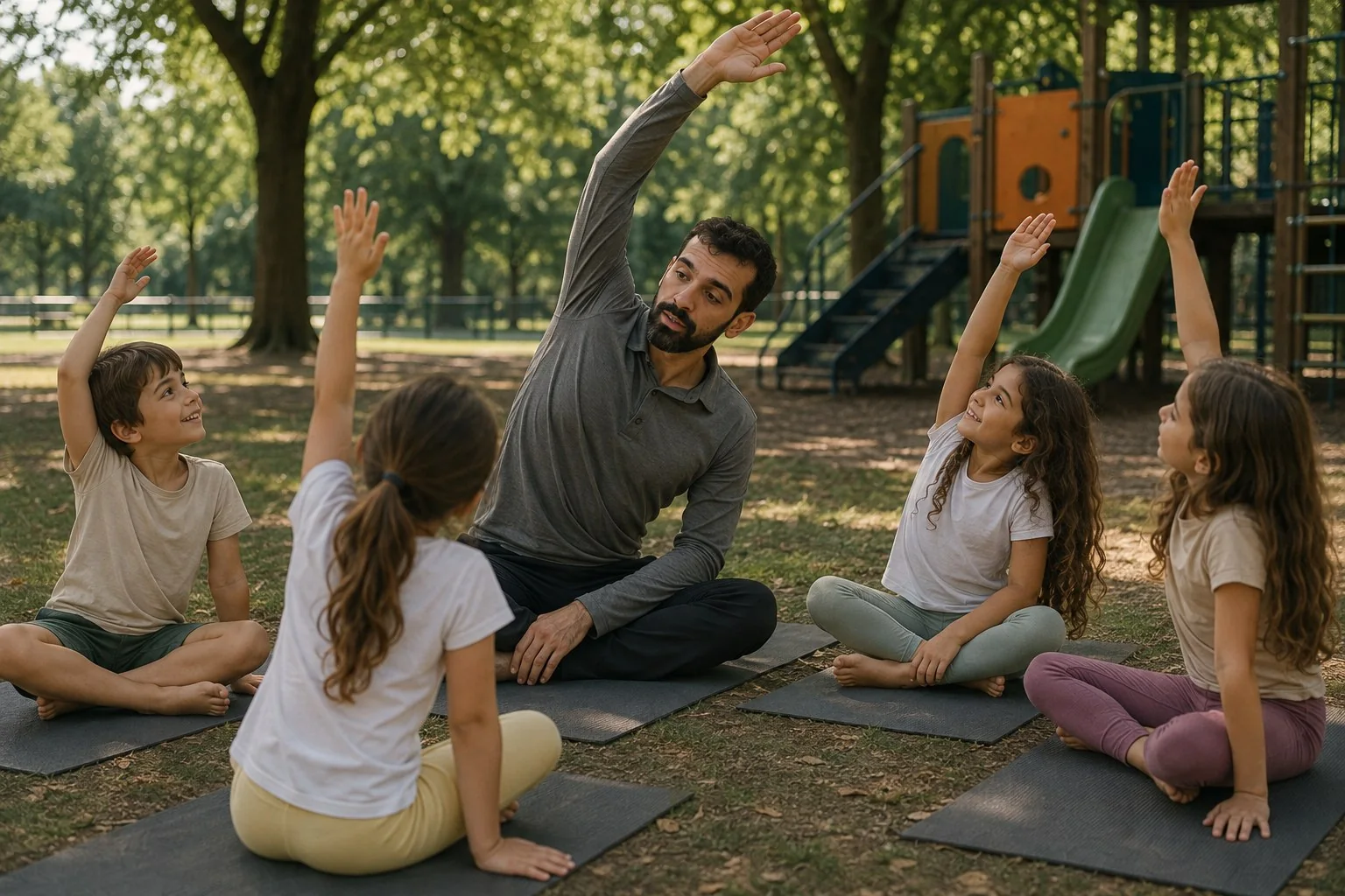 Aula de yoga com crianças no parque