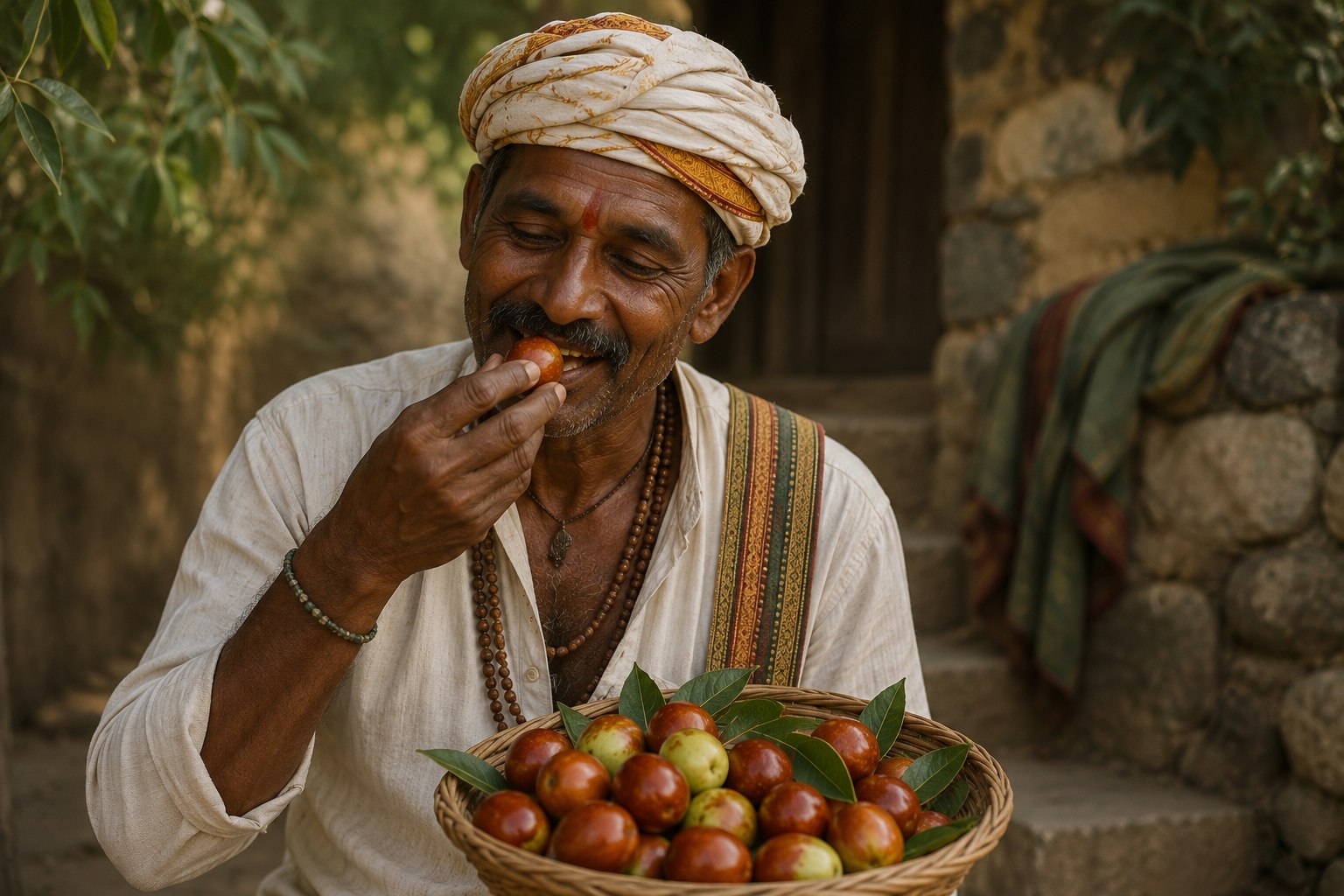 Homem marata comendo uma jujuba, com um cesto do fruto no colo