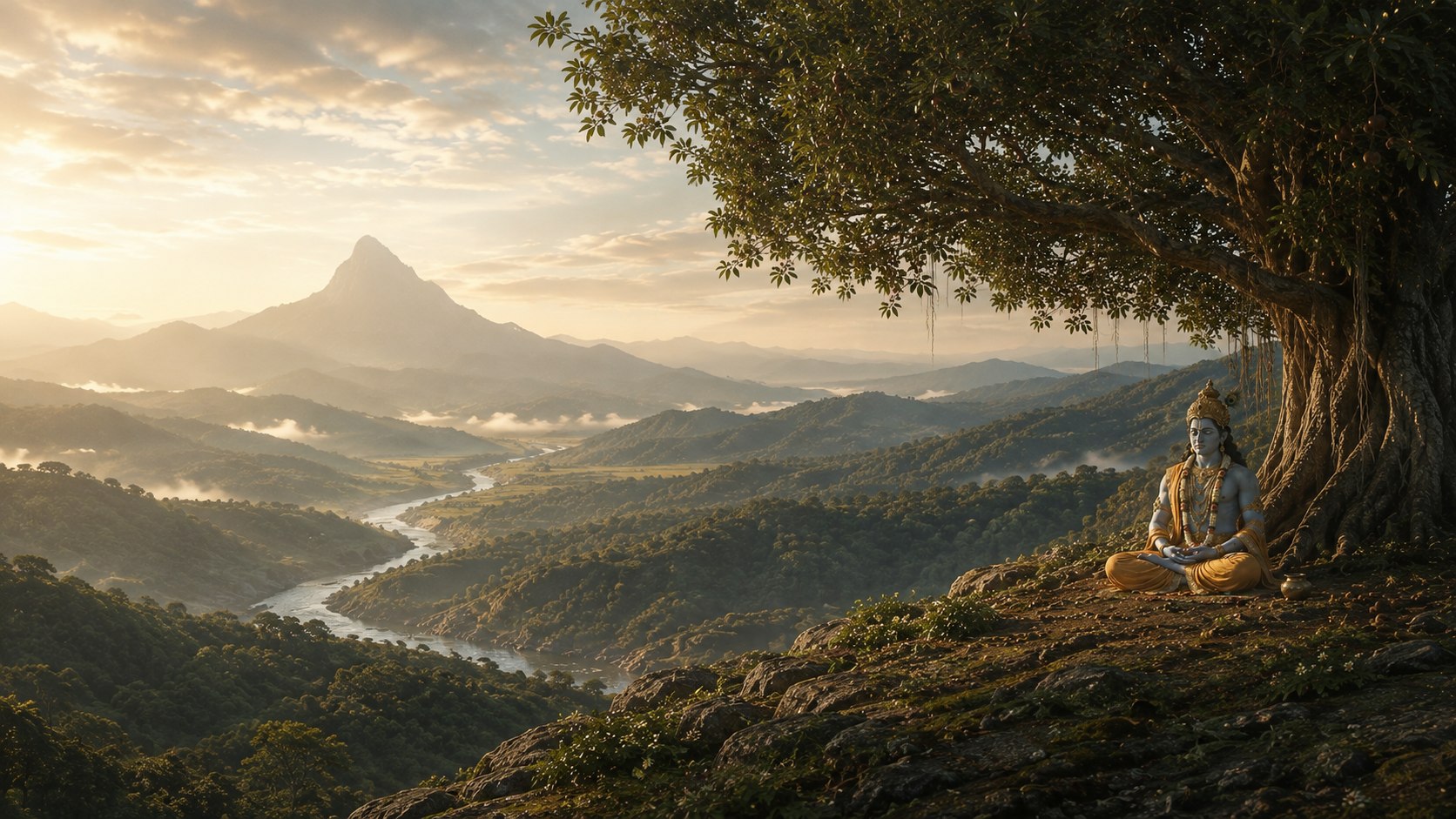 Narayana meditando sob a badari, no alto do vale ao amanhecer